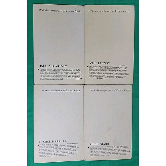 Lot of 4 Rare Beatles original U.K. Eskimo Foods trading cards 5.5" X 3.5" - Picture 6 of 11